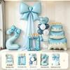 Blue First Birthday Party Decor Set with Bows, Cake Toppers, Number Balloons, and Photography Backdrop