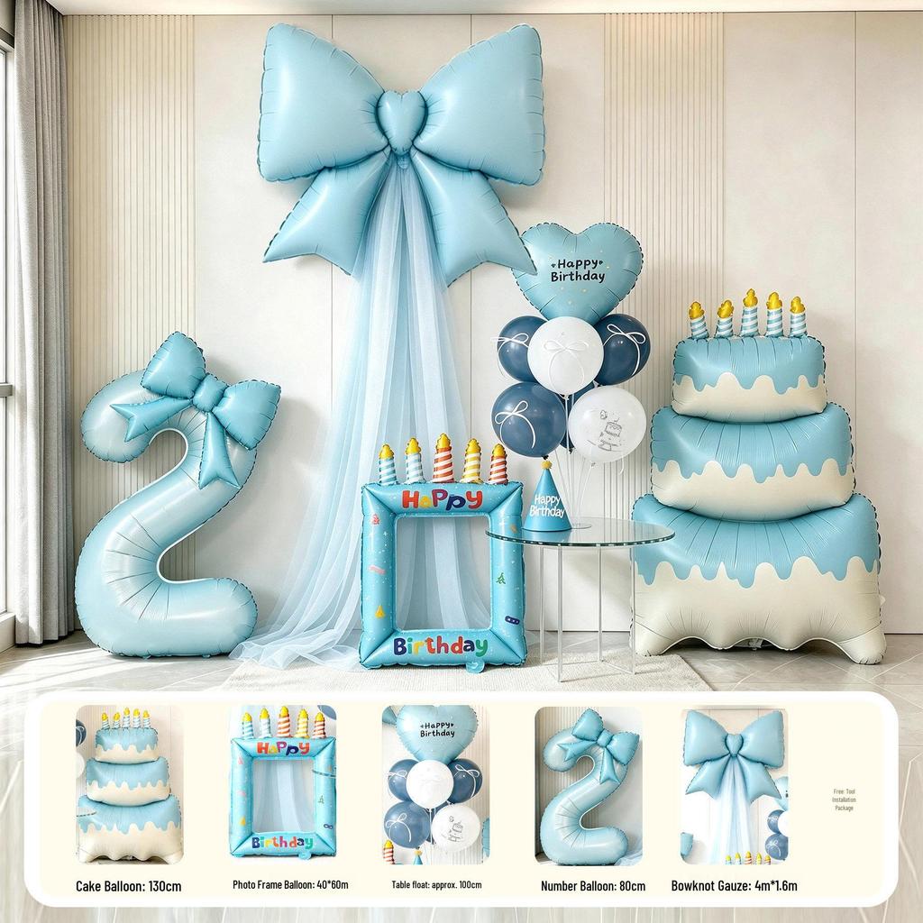 Blue First Birthday Party Decor Set with Bows, Cake Toppers, Number Balloons, and Photography Backdrop