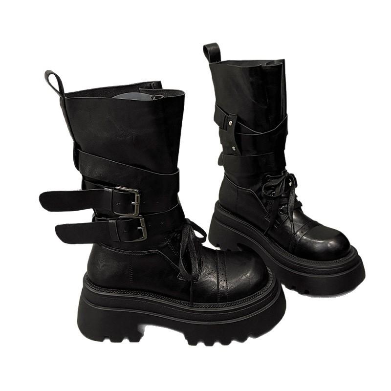 Black Martin boots women's 2025 new autumn single boots retro British style thick-soled heightening western cowboy short boots