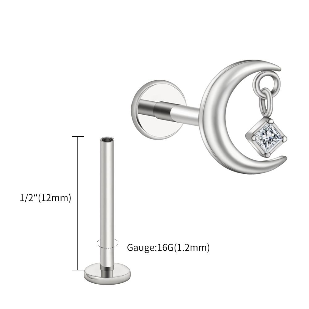 Right Grand ASTM F136 Titanium 16G CZ Moon Cartilage Earring Tiny Crescent Moon CZ Dangle Helix Tragus Conch Stud Ear Piercing