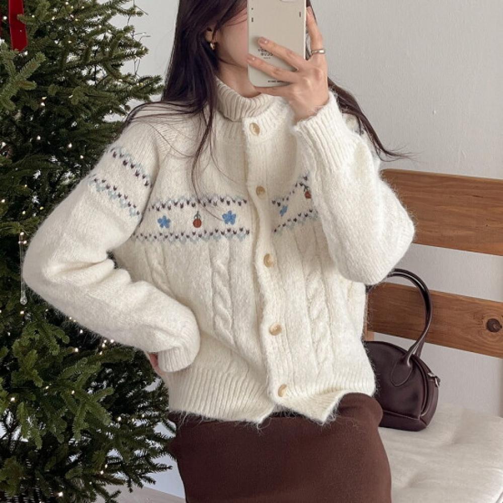New Arrivals Open Run Women Round Neck Cute Pattern Wool Knit Long Sleeve Cardig