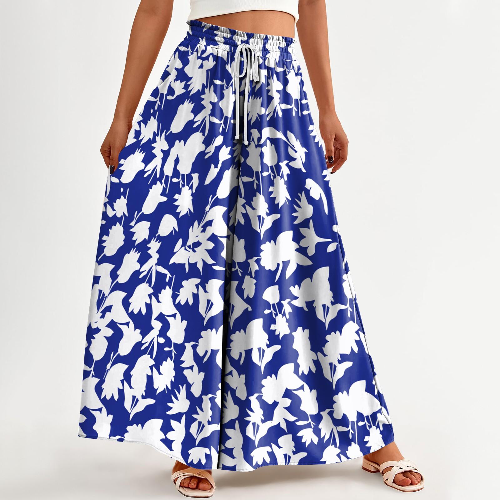 

Women s Printed Wide Leg Pants With Pockets High Waist Drawstring Loose Casual Pants XL синій