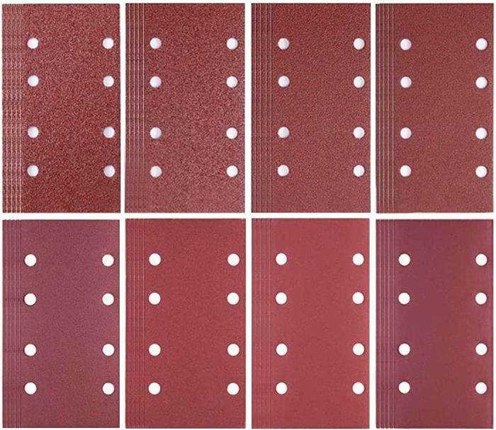 80 feuilles abrasives auto-agrippantes 93×185 mm pour ponceuse (40/60/80/120/180/240/320/400) – 8 trous