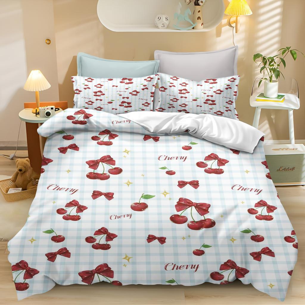 Cherry Flowers Quilt Duvet Cartoon Cover Queen Size Comforter Bedding Sets King Cute Printed Children Cartoon 3-Piece Set
