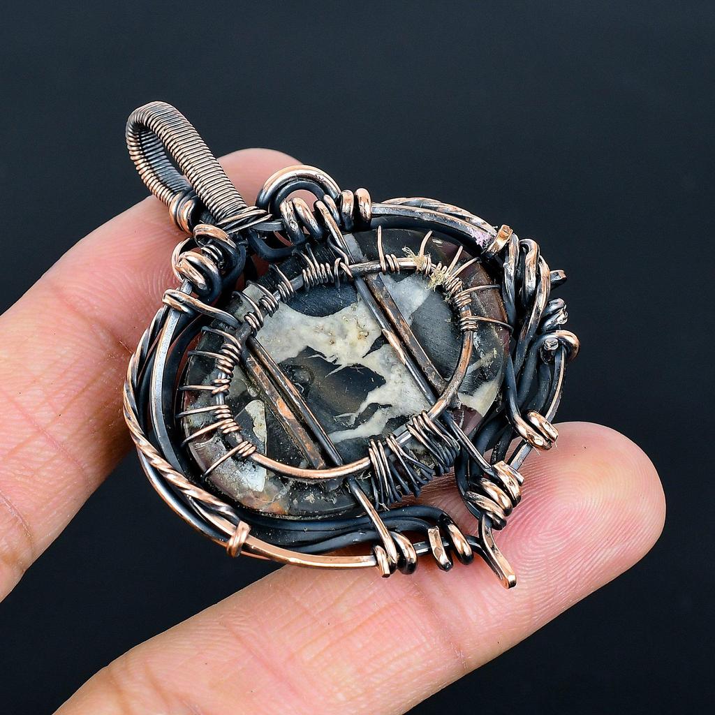 Mud Crack Fossil Pendant, 999 Copper Wire Wrapped Gemstone Jewelry, Handmade Tree Of Life Pendant, For Thanksgiving