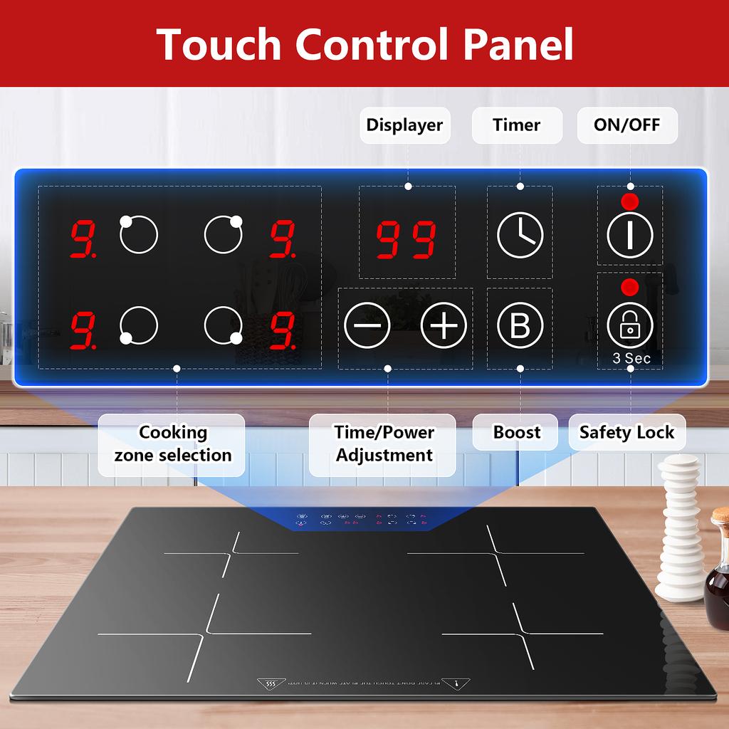 60cm Built-in 4 Zone Induction Cooktop with Booster, Touch Control, 6000W, 9 Power Levels, Timer, Child Lock, 220-240V
