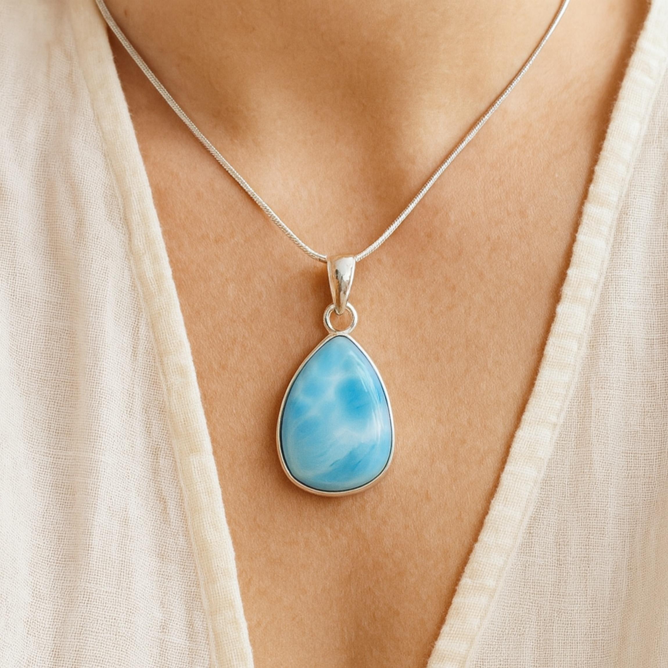 

Natural Larimar Pendant, Handcrafted Blue Pear Cut Gemstone Necklace, 925 Solid Sterling Silver, Minimalist Jewelry 12 серебряный