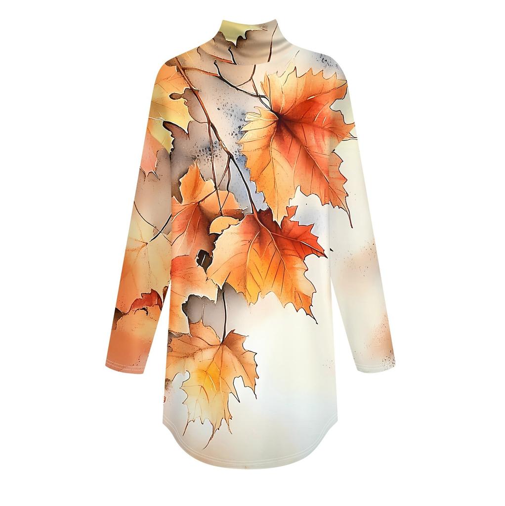 Women's Fashionable Casual High Neck Printed Long Sleeve T-Shirt Pullover Top