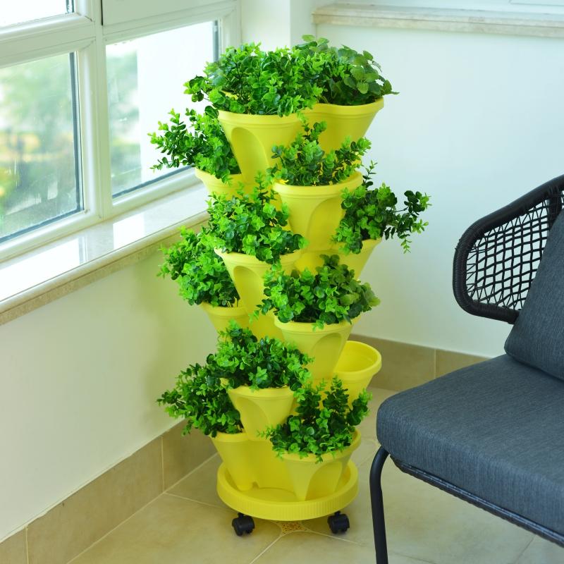 Three Dimensional Multi-layer Flowerpot with Roller Family Balcony Vegetable Fruit Growing Plastics Flower Shaped Flowerpot