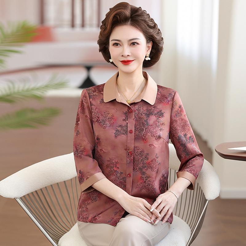

Spring & Summer Seven-Sleeve Imitation Silk Shirt for Middle-Aged & Elderly Women 4XL [125-135 lbs]