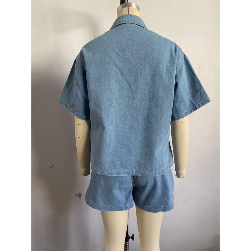 Women's Denim Two-piece Set Loose Casual Short Sleeved Shirt+elastic Waisted Shorts