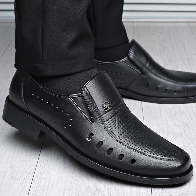 Men's Breathable Genuine Leather Hollow Sandals - Soft Sole, Non-Slip, Perfect for Summer and Business Wear