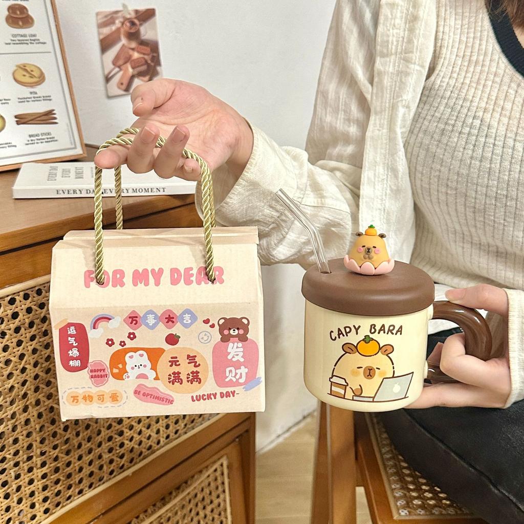 Ceramic Cup with Lid and Straw Water Cup Cute Kapibala Mug High Looking Girl's Home Coffee Cup