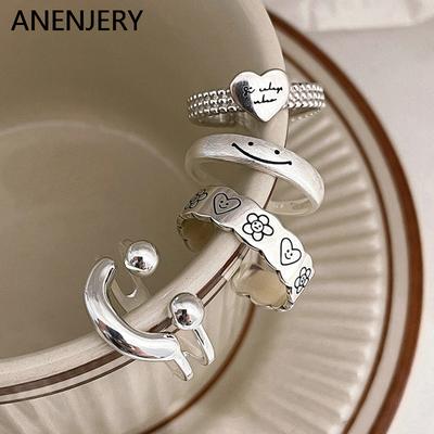 Silver Color Smiling Face Heart Flower Opening Ring for Women Retro Simple Design Index Finger Rings Party Jewelry