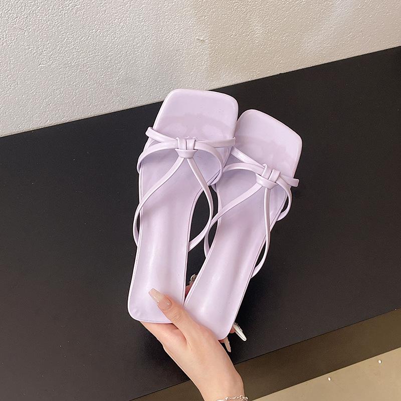 Coarse Heel French Slippers Women's Summer Outer Wear 2025 New Middle Heel One-word Drag Fairy Wind Silver Cool Slippers Women