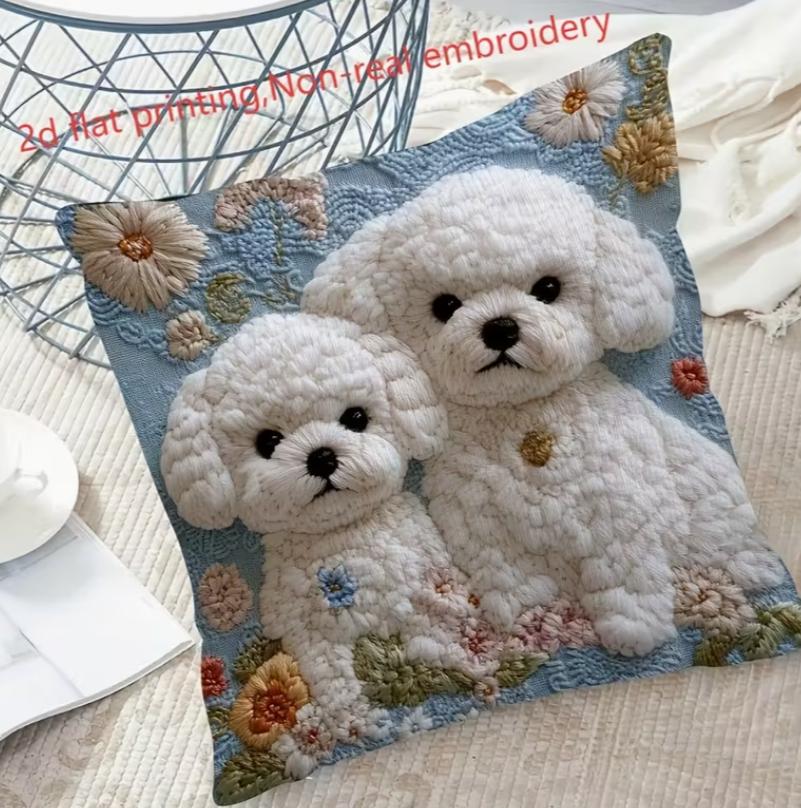 2D Platte Print Bichon Frise Met Bloemen Borduurpatroon Schattige En Warme Stijl Kussensloop, Niet-Echt Borduurwerk Woondecoratie