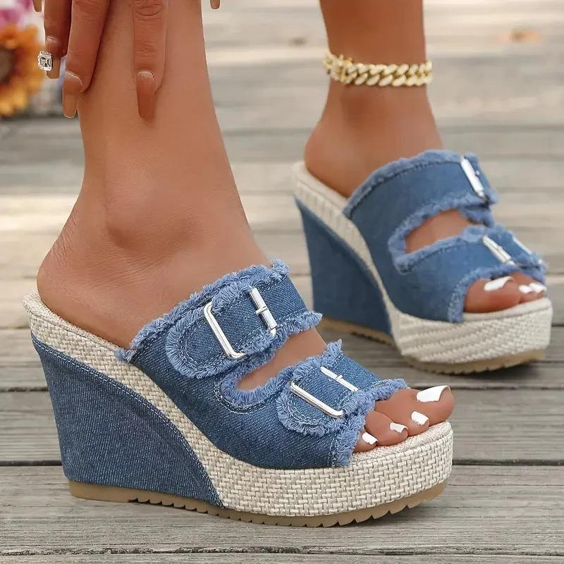 Sandali da Donna con Zeppa Piattaforma Estate Intreccio di Paglia Suola Spessa Ciabatte in Denim Sandalo alla Moda Casual con Cinturino a Doppia Fibbia