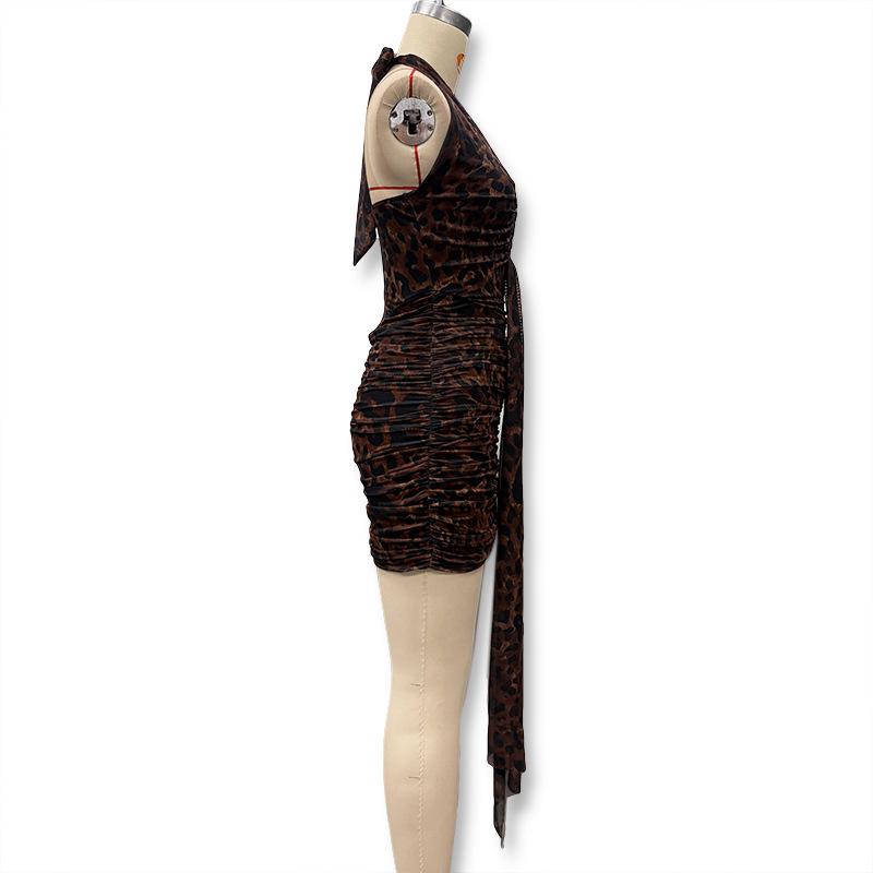 Women's Sexy Leopard Print Slim Fit Halter Dress - Spring/Summer Fashion with Deep V Backless Design