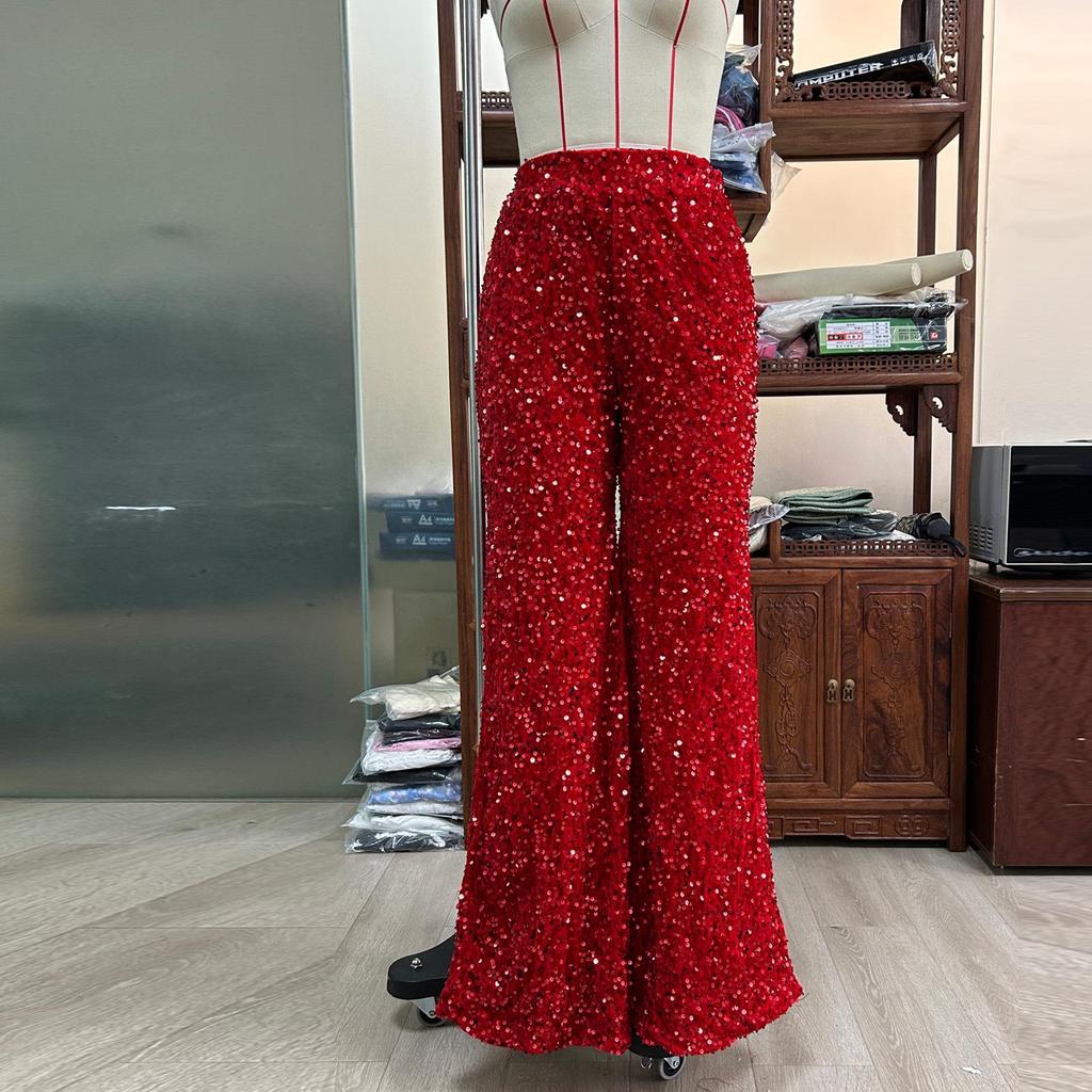 Women's Summer High Waist Sequined Wide Leg Pants - Slimming Solid Color Fashion