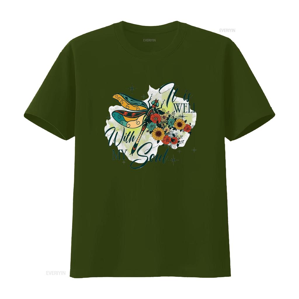 It is Well with My Soul Dragonfly Flowers Womens Summer Tops T Shirt White vintage Washed Soft Top For Everyday Wear Stretched