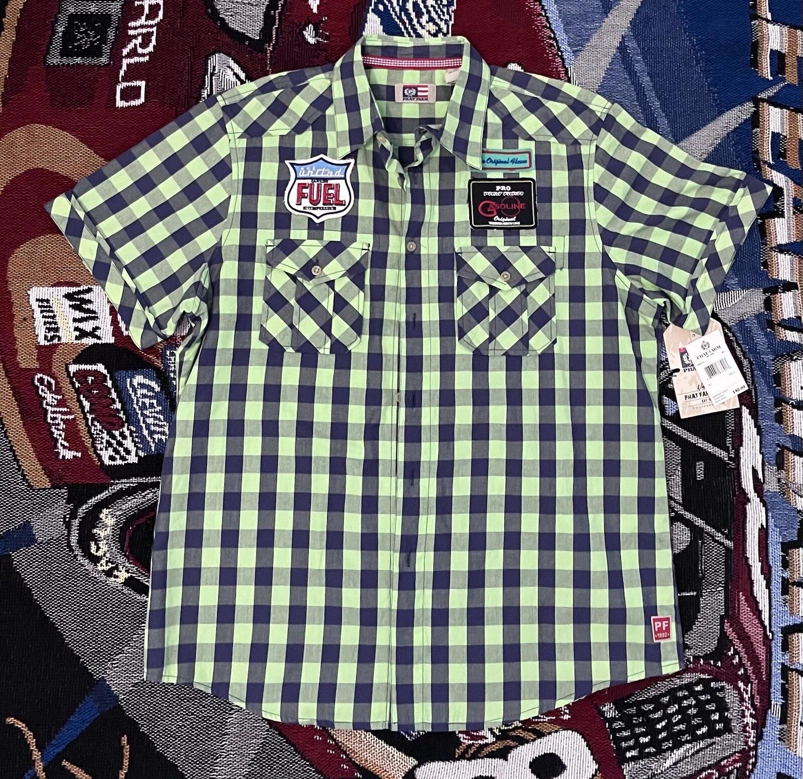 Phat Farm Plaid Shirt Large United Gasoline Fuel Patch Hip Hop Urban Green Blue M