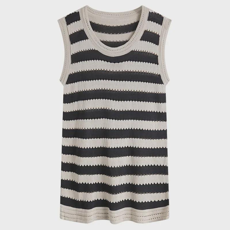 Women's Ice Silk Striped Knit Camisole Dress - Sleeveless, Loose Fit, Mid-Length Summer Style