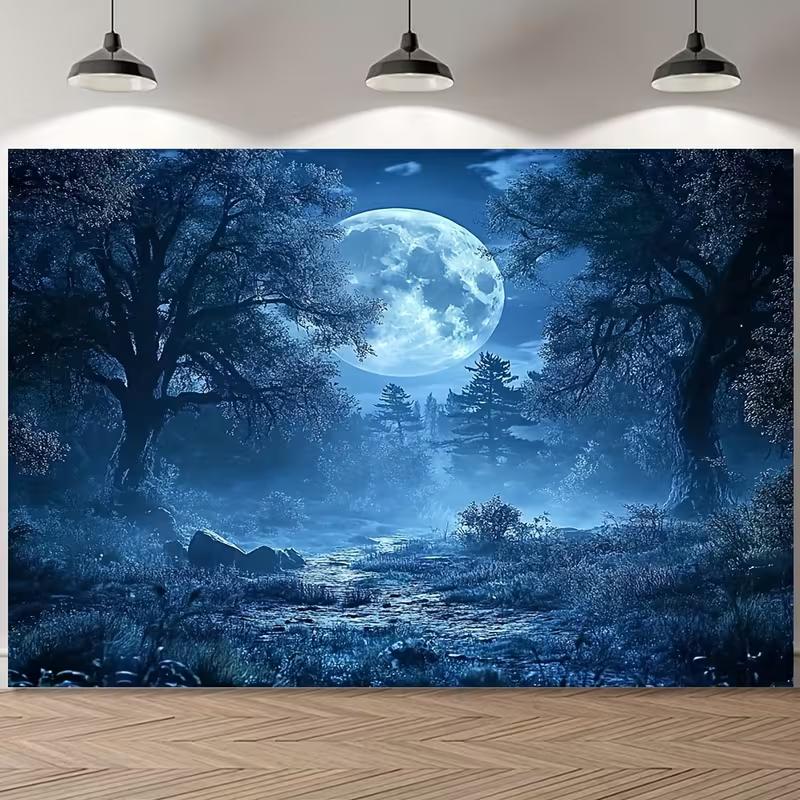 2D Moonlight Misty Forest Tapestry Magical Night Nature Wall Art