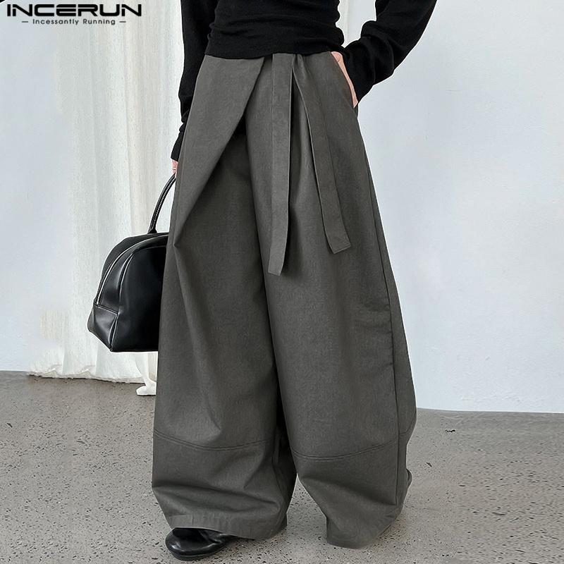 INCERUN Pánské ležérní šněrovací kalhoty s dlouhými širokými nohavicemi a obmotáváním v pase