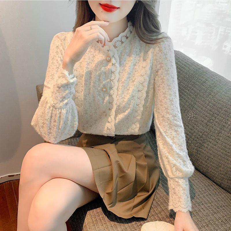 

Женская плюшевая кружевная рубашка с длинным рукавом - стильный и теплый топ осень/зима 2024 L 105-115 lbs