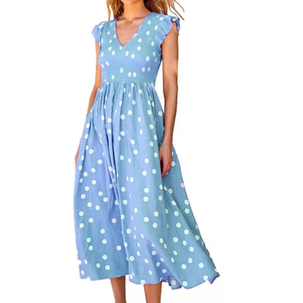 Moda Donna Primavera Estate Scollo a V Vita Orlo Ampio Abito Stampa a Pois