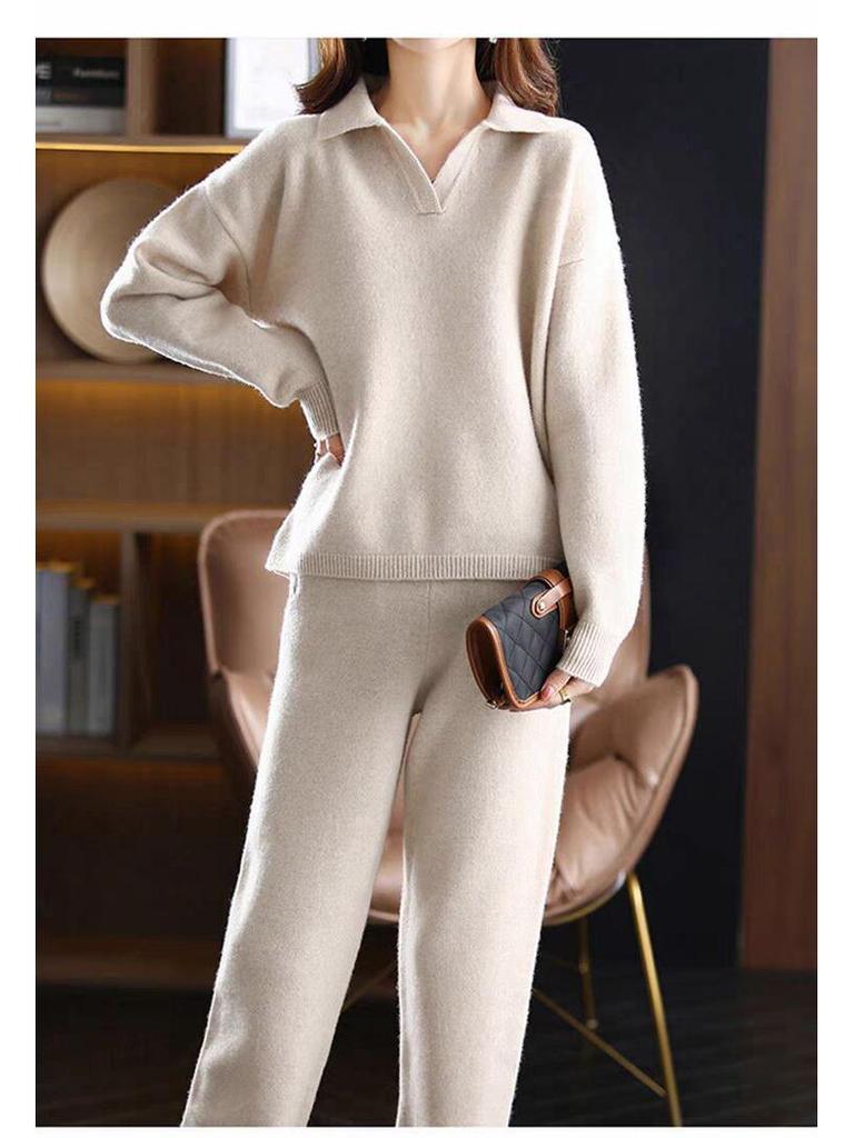 2024 Korean Style Loose Knit Sweater & Wide-Leg Pants Two-Piece Set for Women