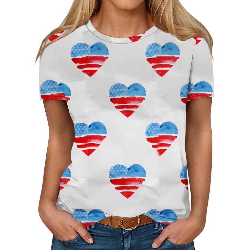 Women's Fashion Casual Independence Day Printed Round Neck Short Sleeve T-Shirt Top