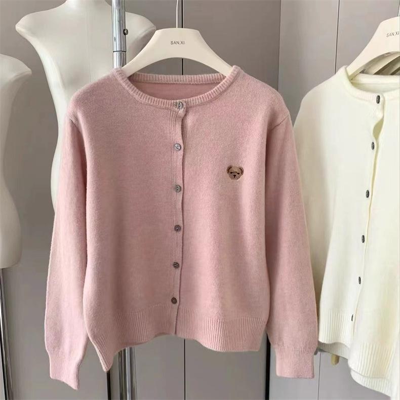 O-Neck Knit Sweater Sweet Cartoon Embroidery Casual Tops Japanese Single Breasted Cardigan Harajuku Sweater