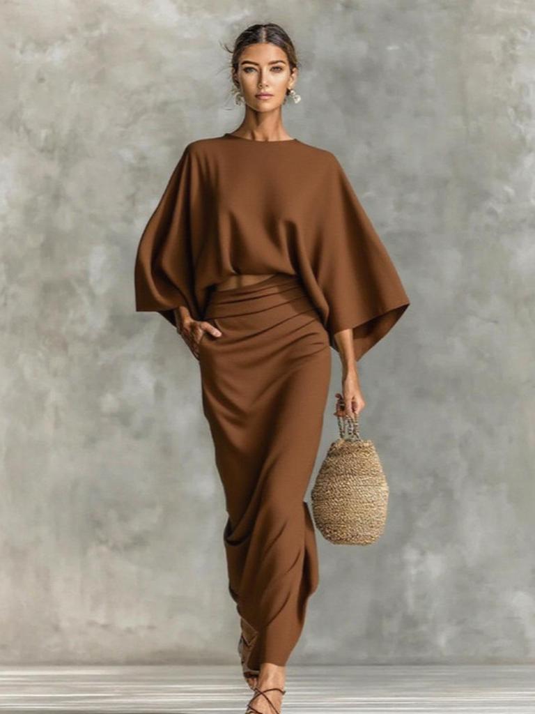 Women's Autumn New Style High Waist Long Dress Set with Long Sleeve Loose Top for Work