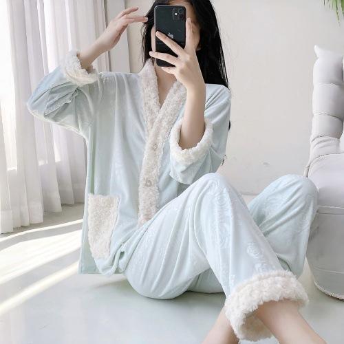 (Island Velvet) New Women's Pajamas Autumn and Winter Long-sleeved Trousers Thickened Loungewear Simple Warm Suede Pajamas Set