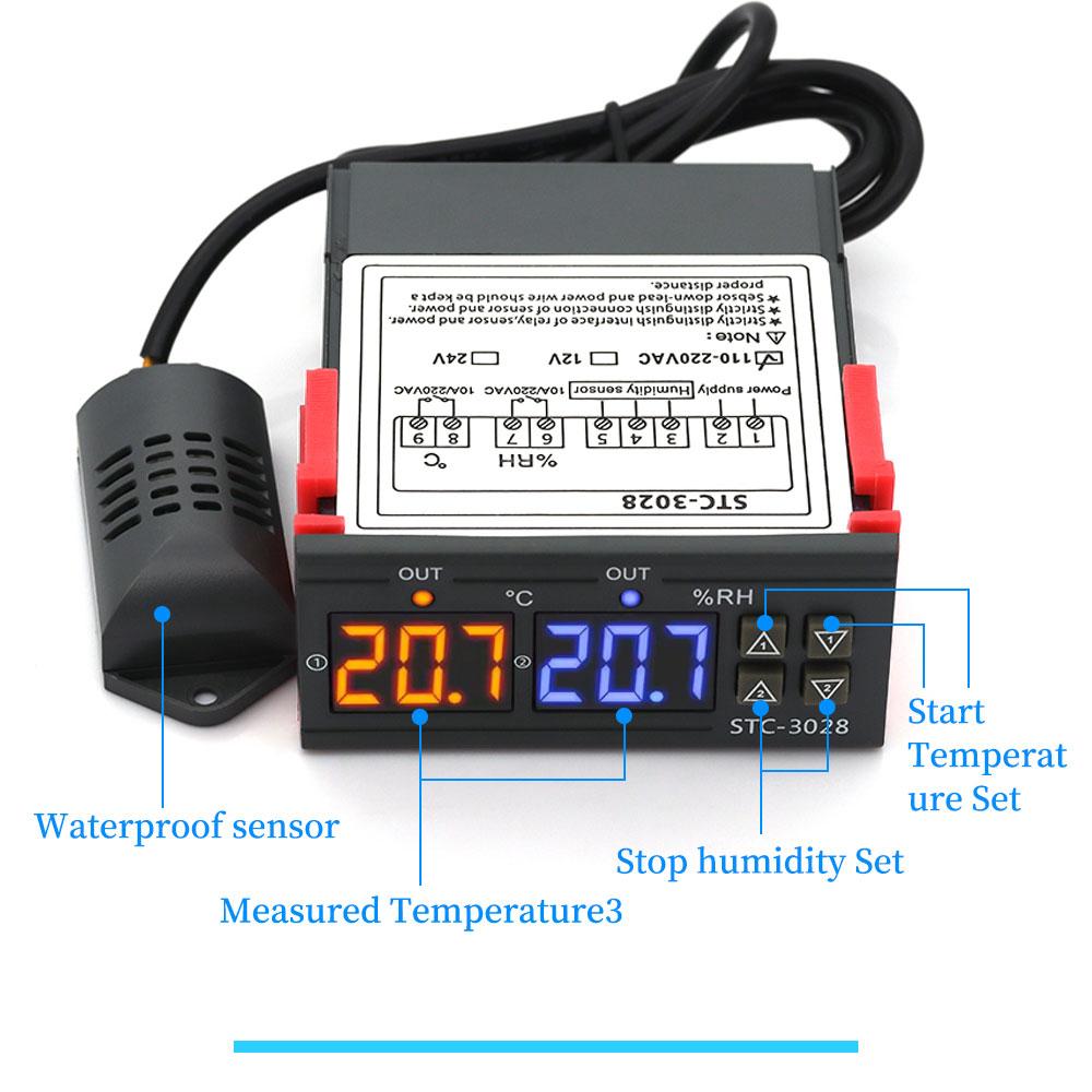 STC-3028 Dual Digital Temperature Humidity Controller 12V 24V 220V Thermoregulator Thermostat for Heating Cooling in Incubator
