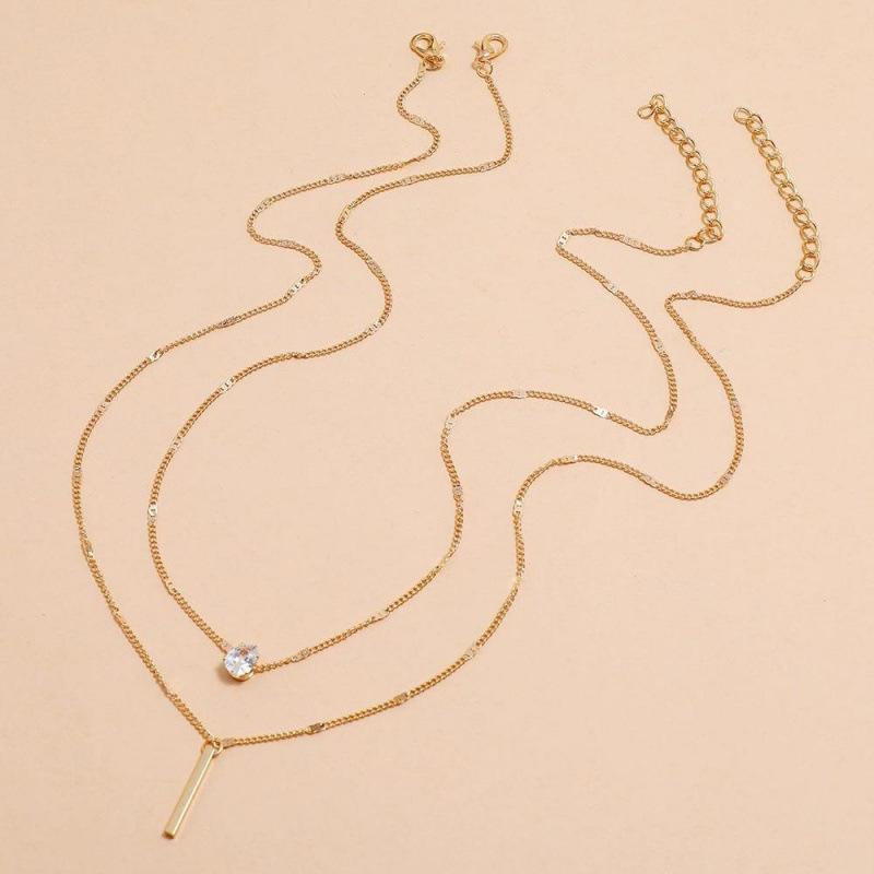 Teardrop Rhinestone Double-Layered Clavicle Necklace with Long Bar Pendant