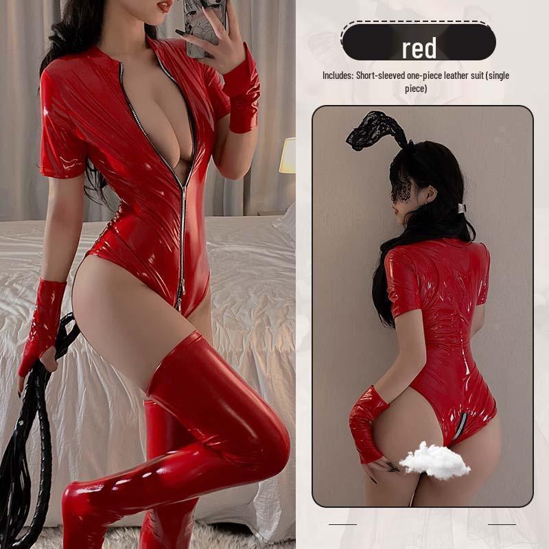 Sexy Patent Leather Lingerie Role Play Bodysuit - Temperament Queen Uniform