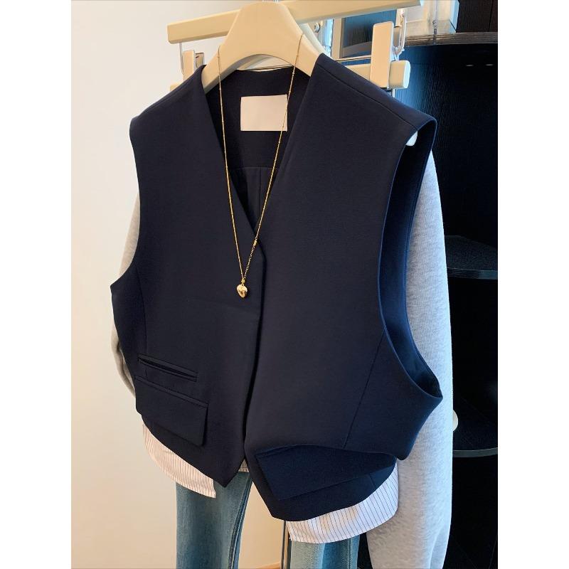 Fashion Womens Navy Blue V Neck Waistcoat Autumn Casual Slim Fit Blazer Vest Minimalist Outerwear