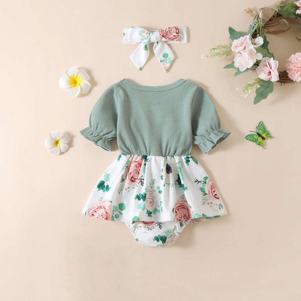 Flower Summer Baby Bodysuit Cotton False 2Piece Jumpsuit Dress Toddle Princess Dress  Birthday Gift
