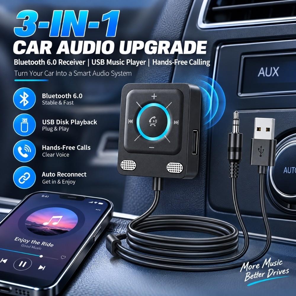 Dual Device Car AUX Adapter Bluetooth 6.0 Hands-Free Car Kit USB Music Player Music Streaming