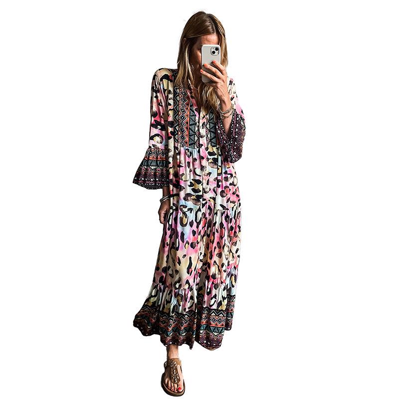 

Shiying High Waist Long Sleeve Multicolor Leopard Print Dress - Women s Autumn European & American Fashion Trend Large розовый