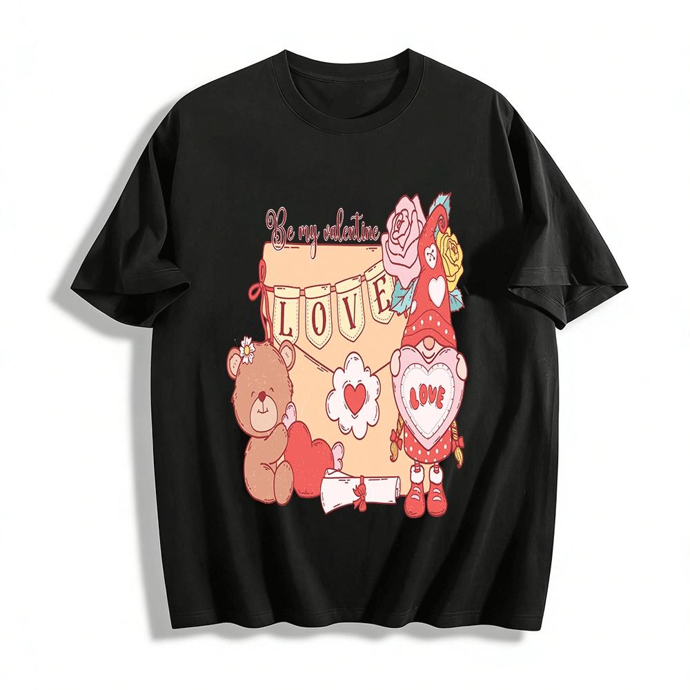 Valentine s Day LOVE Bear Gnome Print Casual Top Pure cotton T-shirt XXS