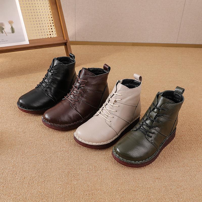 First layer cowhide soft-soled short boots single boots velvet breathable flat-bottomed cotton boots retro leather Martin boots