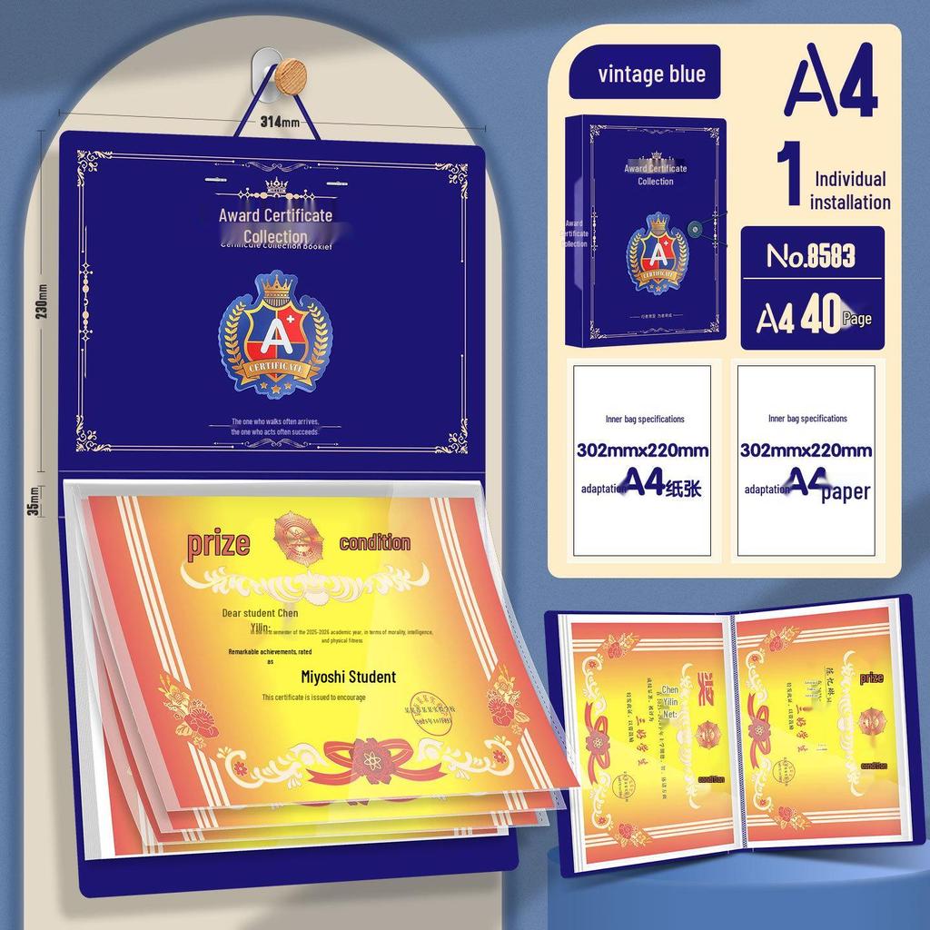 8582 Certificate Display Book: A4/A3 Wall-Mountable Storage for Children's Primary School Awards