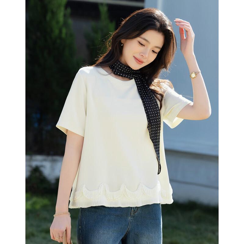 Women's Washed Air Layer Lace-Spliced Short Sleeve T-Shirt