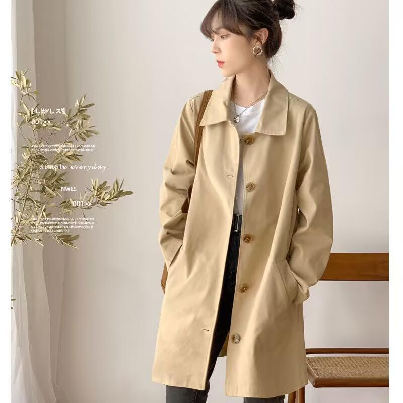 Women's Mid-Length Trench Coat, Spring/Autumn, Korean Style, Loose Fit, Solid Color, Versatile Outerwear, Trendy and Simple Design.
