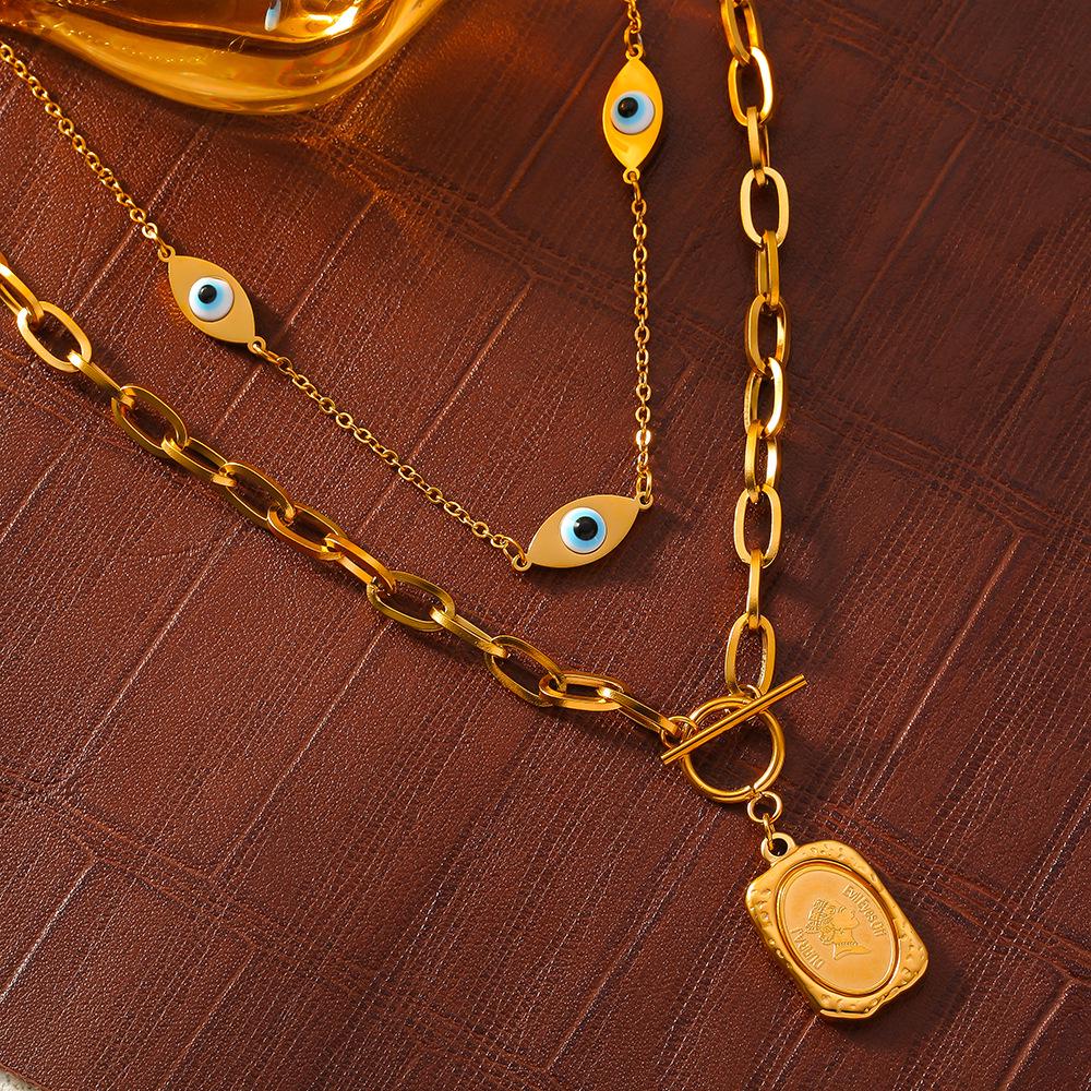 18K Gold-Plated Titanium Steel Eye of the Devil Portrait Square Pendant Double Layer Necklace for Women