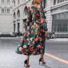V-neck Elegant Chiffon Dress Women A-Line Long Sleeve Print High Waist Knee Length Autumn Winter
