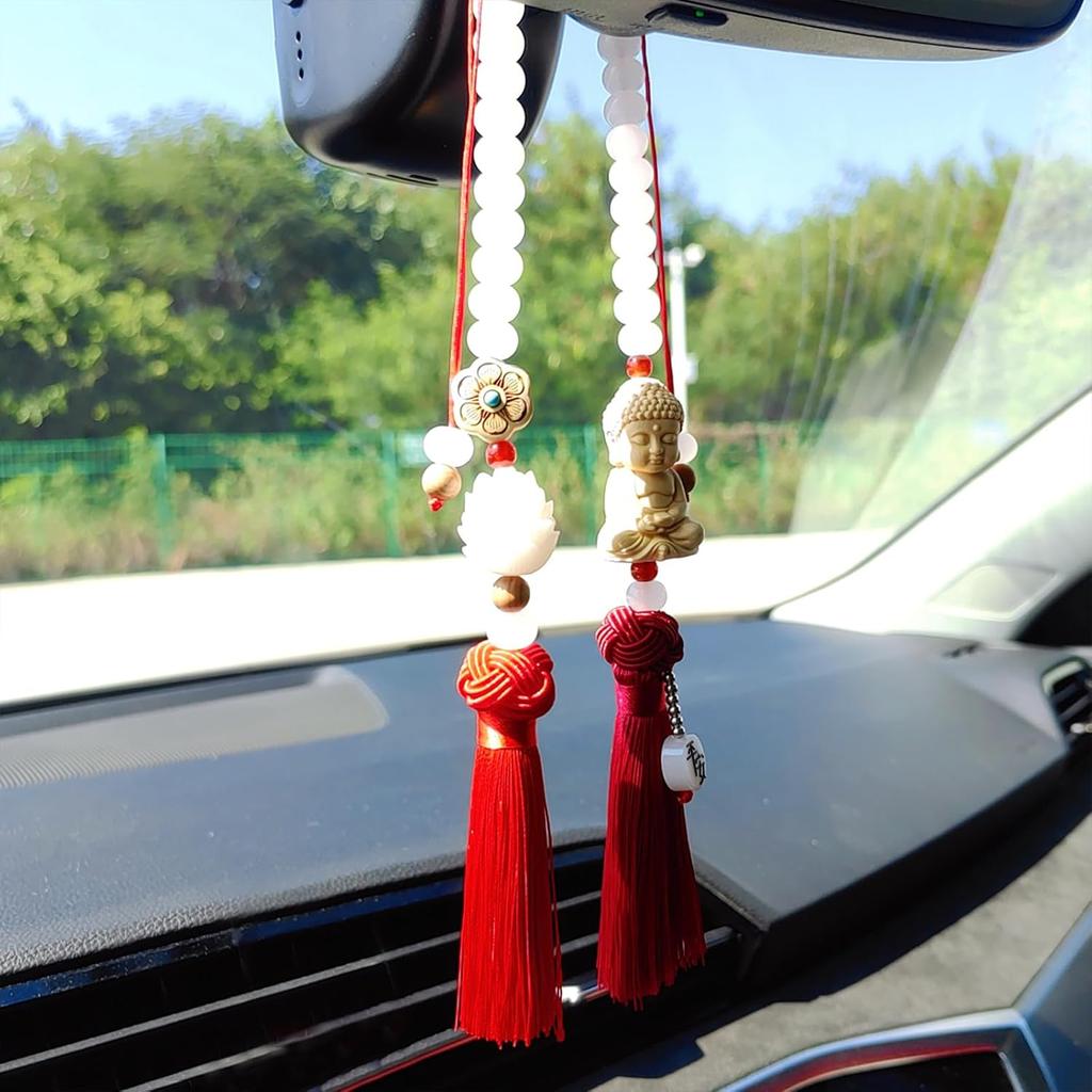 Buddha Rear View Mirror Accessories Hanging Charms, Tassels Car Hanging Ornament, Cute Car Accessories for Women/Men, Fo Bao Ping an